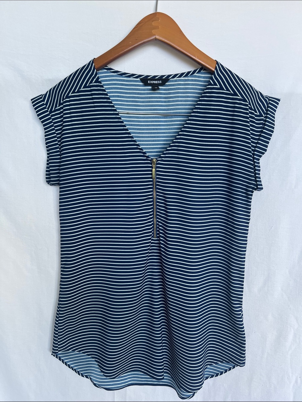 Express Navy and White Striped Short-Sleeve Blouse